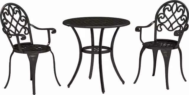 Outsunny 3 Piece Black Powder Coated Aluminium Patio Bistro Set with Round Table and Chairs for Garden, Balcony or Terrace