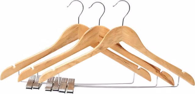 Orsina Set of 3 Brown Wooden Clothes Hangers with Trouser Clips and Notched Sides – 1