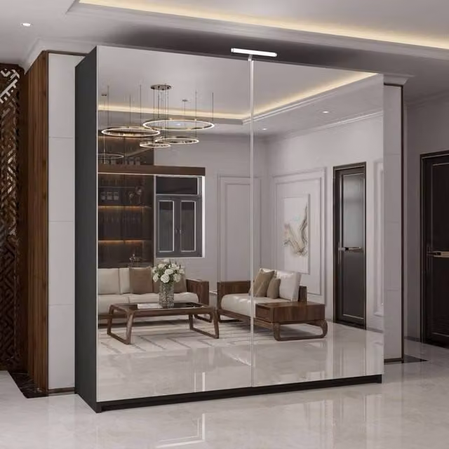 MN Furniture Modern Black Sliding Door Wardrobe with Full Mirrors and Integrated LED Lighting