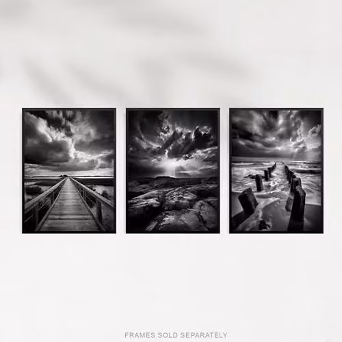 Artery8 Set of 3 Atmospheric Clouds Black and White Coastal Landscape Unframed Paper Poster Prints – 4