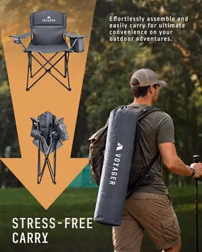 Voyager 2 Pack Folding Camping Chairs with Armrests and Cushions in Black and Grey – 4