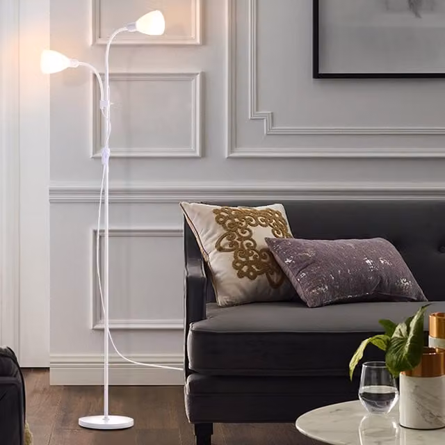 Livingandhome Double LED Torchiere Floor Lamp with Adjustable Reading Lamp, White
