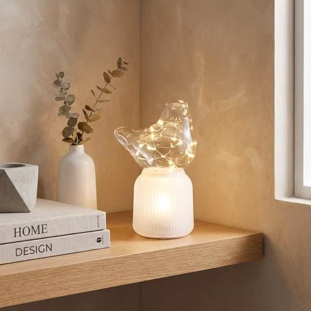 Garden Greatness Blanc Bird Table Lamp in White, H 18.5 x W 12.5 x D 8.5 cm