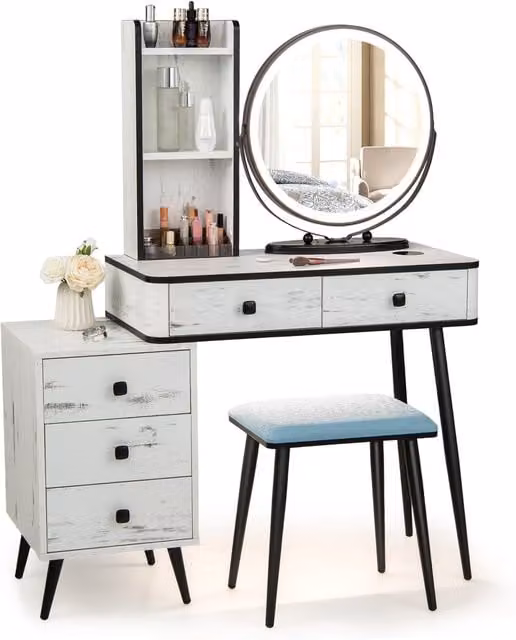 COSTWAY Hollywood LED Makeup Desk and Stool Set in White Shabby Chic Style