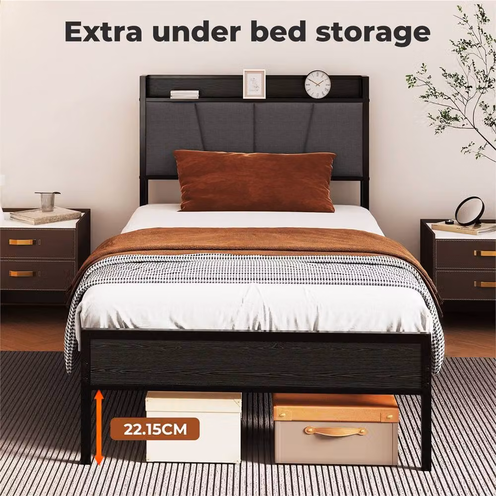 Nordara Single Metal Platform Bed Frame with Upholstered Headboard in Black, W/D/H: 90 x 190 cm – 2