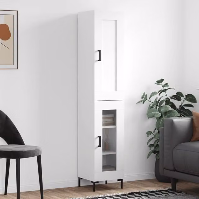 Berkfield Home Modern White Highboard with Glass Doors, W/D/H: 34.5 x 34 x 180 cm