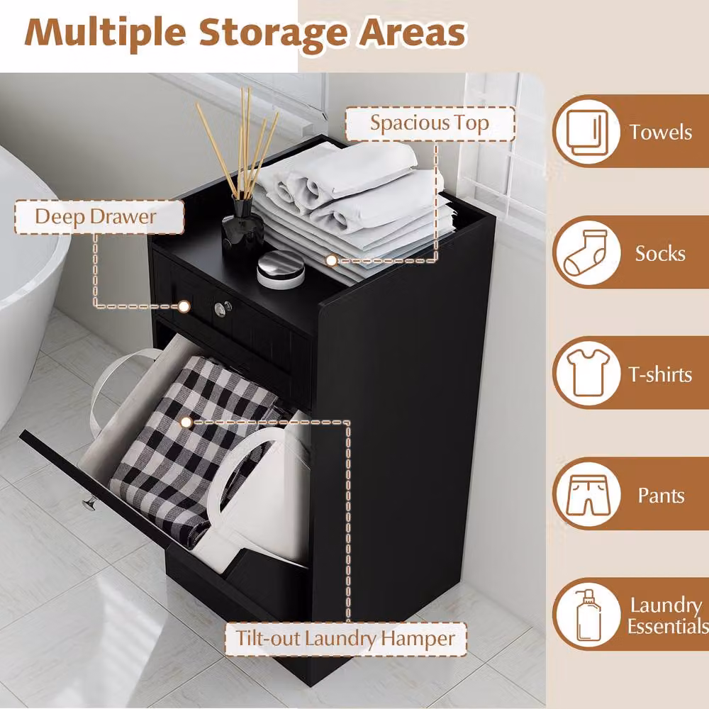 Costway Black Tilt-Out Bathroom Storage Cabinet with Internal Drawers and Hinged Doors – 5