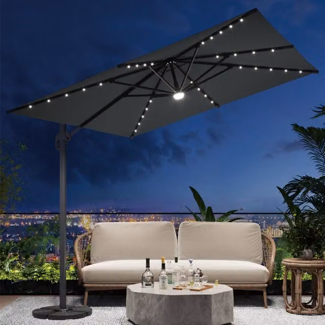 Breeins Square Cantilever Parasol Set with LEDs and Rotating Base in Grey