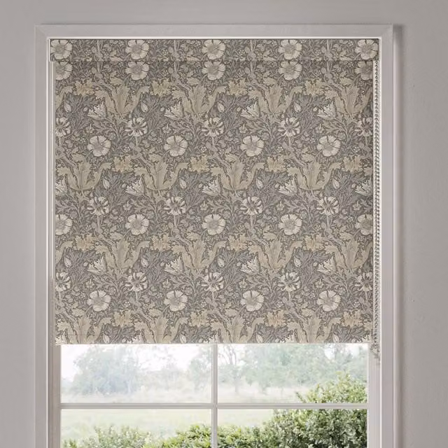 William Morris Compton Blackout Made To Measure Roller Blind in Cobble Grey and Multicolour Floral Pattern
