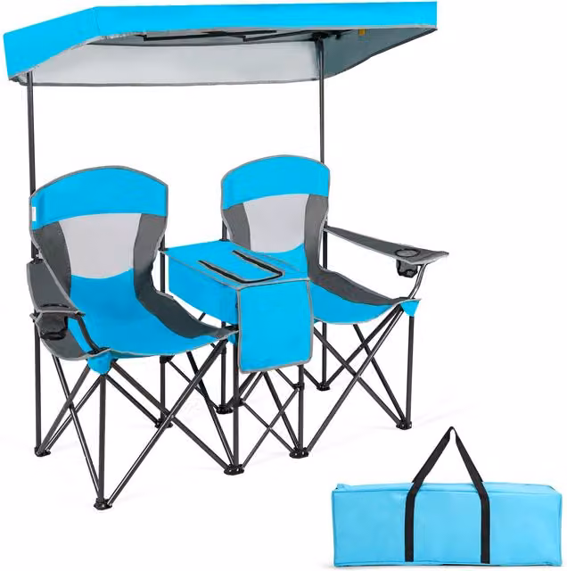 Gymax Double Sunshade Folding Chairs in Blue with Sun Canopy, Armrests and Cup Holders