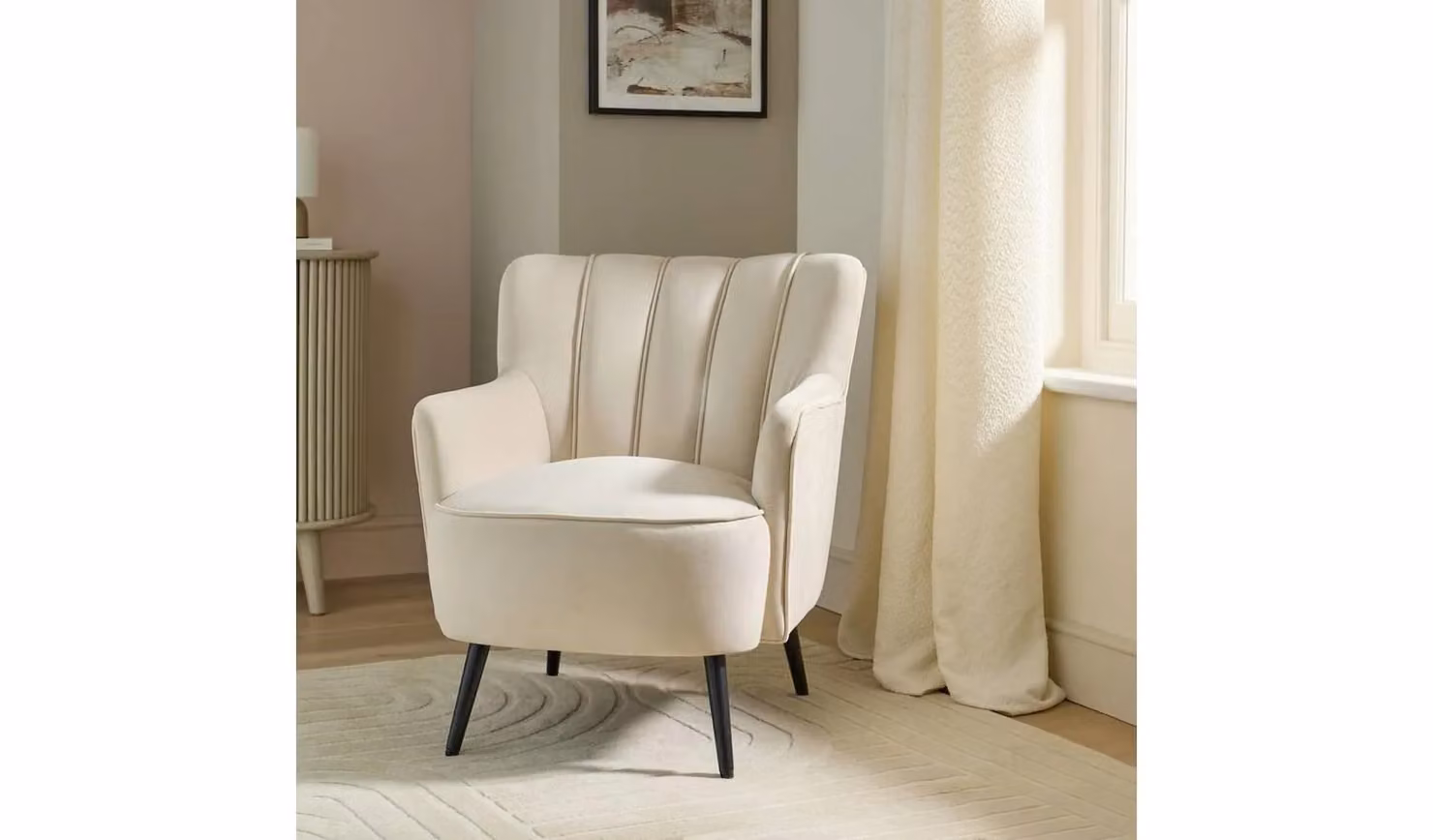Liora Beige Velvet Armchair with Metal Frame and Armrests for Modern Living Rooms