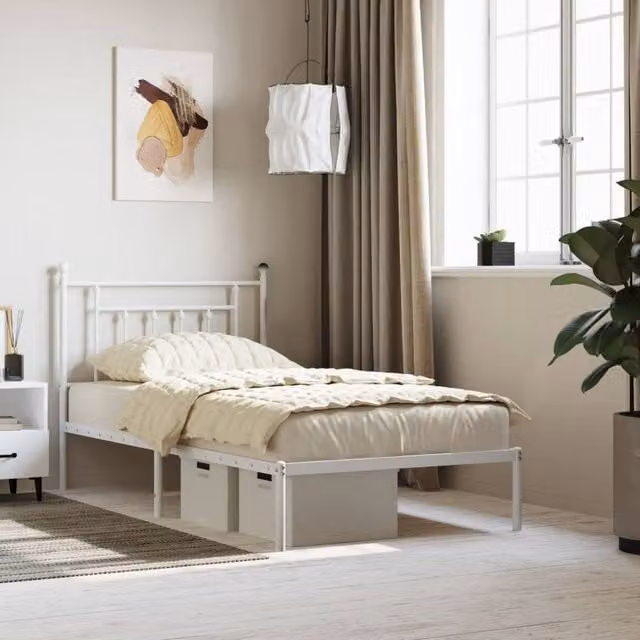 Berkfield Home Metal Bed Frame with Headboard in White, W/D/H: 100 x 190 cm – 1