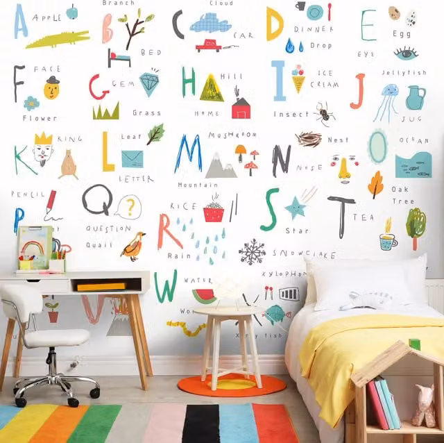Origin Murals Scandinavian Childrens Alphabet Illustrations Wall Mural in White and Multicolour