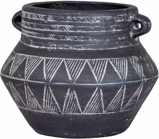 Lemon Pavilion Furniture and Decor Etched Collection Ceramic Pot with Handle, Black, W: 20 cm, D: 20 cm, H: 16 cm