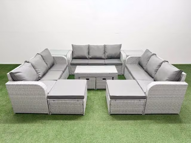 Fimous PE Rattan 3 Seater Garden Sofa Set with Coffee Table and Side Tables in Light Grey