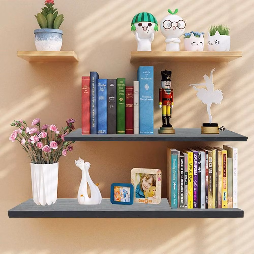 SPETLEK 4-Piece Set of Rustic Black Wooden Floating Wall Mounted Shelves – 2