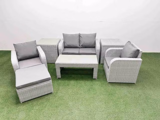 Fimous 5 Seater Grey PE Wicker Rattan Garden Furniture Set with Reclining Chairs, Oblong Coffee Table and Ottoman