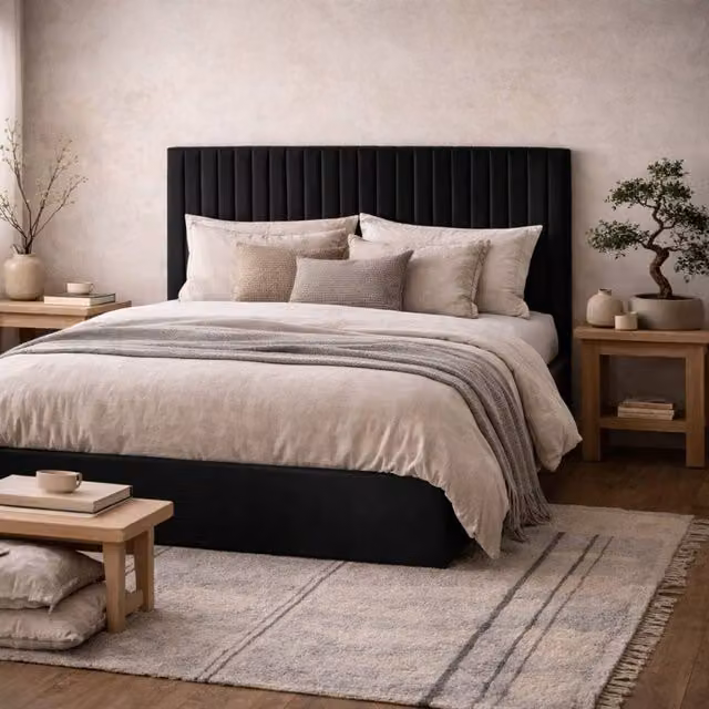 Wyld Haus Dublin Super King Ottoman Bed in Black Velvet with 6ft Tall Ribbed Headboard, W/D/H: 180 x 200 x 52.6 cm – 1