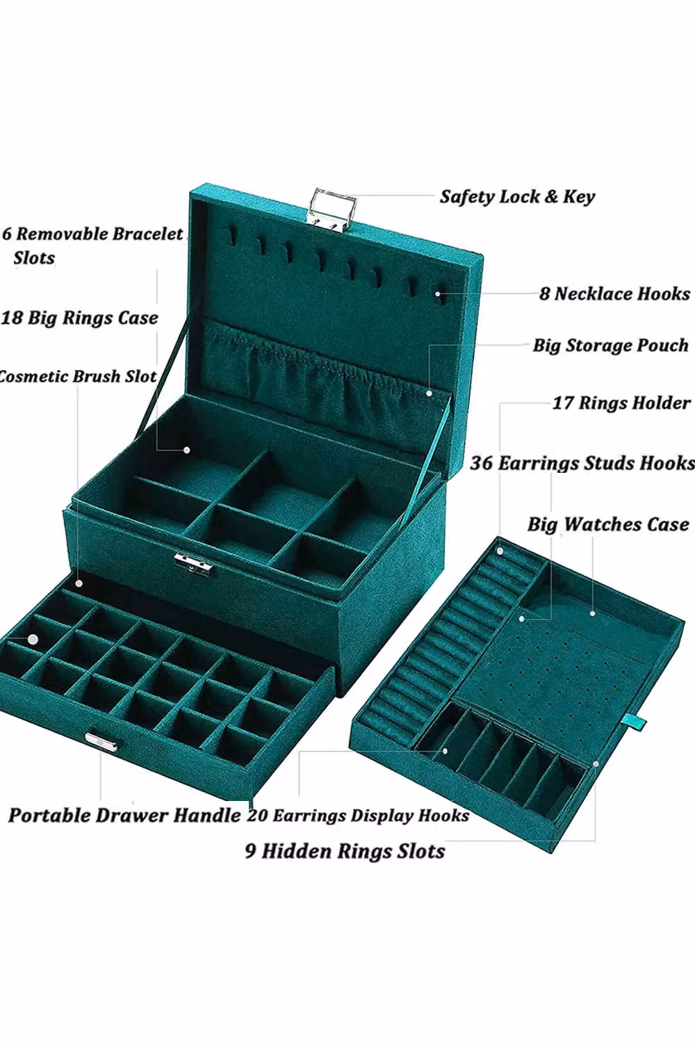 Living and Home 3-Tier Green Fabric Jewelry Box with Lock, W/D/H: 24.0 x 11.0 x 1.0 cm – 4