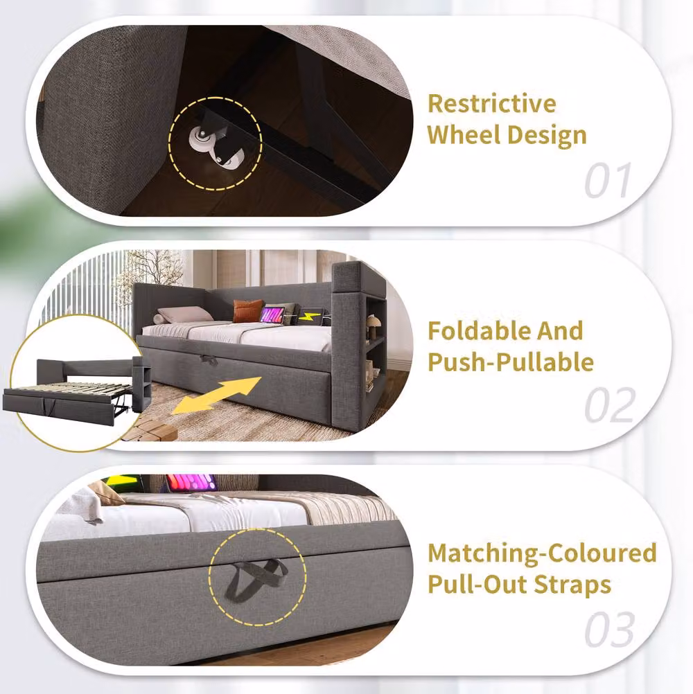 STILVORA Modern Upholstered Daybed in Grey with USB Charging Port and Side Compartments, W/D/H: 190 x 90 x 105 cm – 4