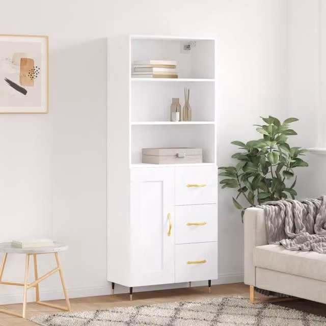Berkfield Home White Modern Highboard with Hinged Doors and Internal Shelves, W/D/H: 69.5 x 34 x 180 cm
