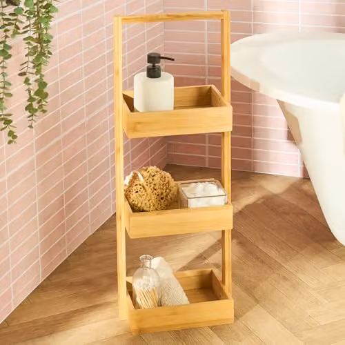 OHS 3 Tier Bamboo Corner Bathroom Caddy Freestanding Storage Organiser in Natural Brown