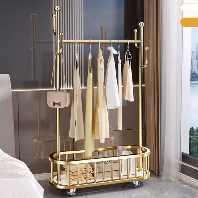 KORVIXA Gold Glossy Metal Clothes Rail with Dual Hook and Rail Matrix – 1