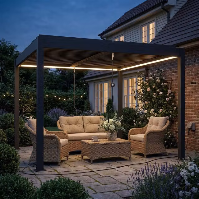 Outsunny Modern Metal Louvered Pergola with LED Lights, Anthracite Grey, W: 300 cm, D: 300 cm, H: 200 cm