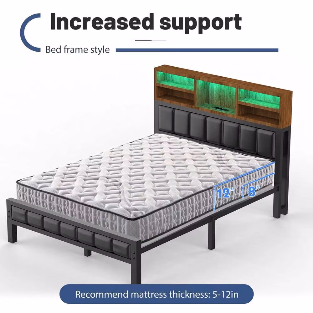 FLAVORA Industrial Metal Platform Double Bed Frame with Under-Bed Lighting and Side Compartments in Black – 3
