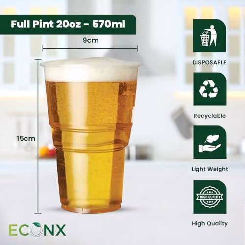 ECONX 500 x Clear Plastic Disposable Beer Glasses, 660ml – 2