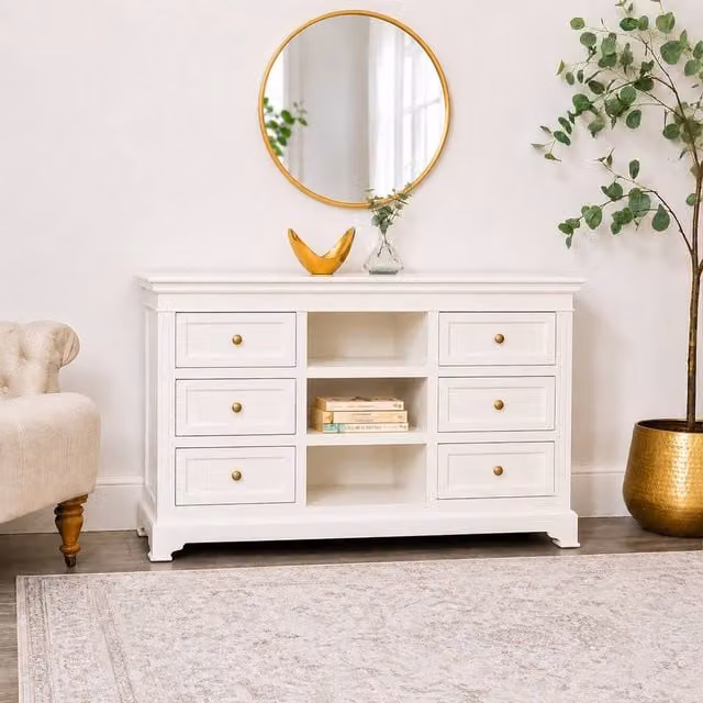 Melody Maison Large Ivory Wooden Sideboard Cabinet in Beige and White Lacquered Vintage Style