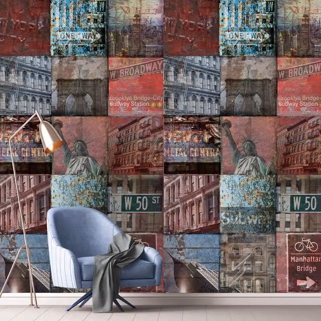 Grandeco New York City Patchwork Mural Wallpaper in Multicolour Red and Grey