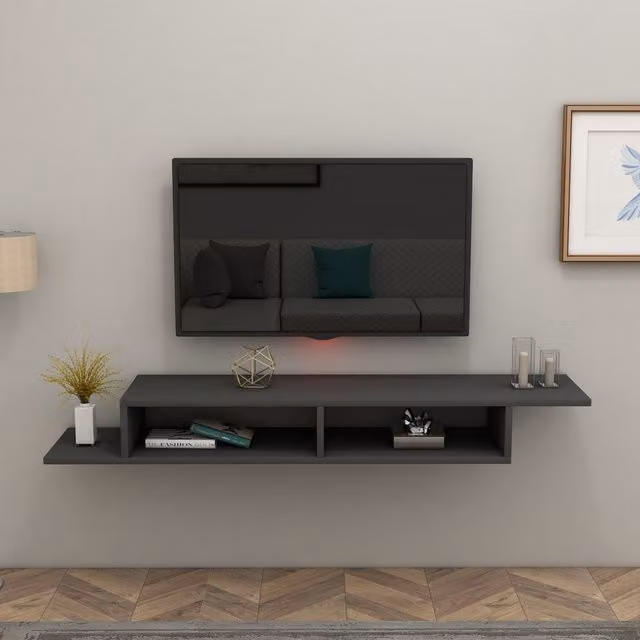 Destina Home Eldon Floating TV Stand with Shelves in Anthracite Grey, W: 140 cm, H: 29.6 cm, D: 18.2 cm – 1