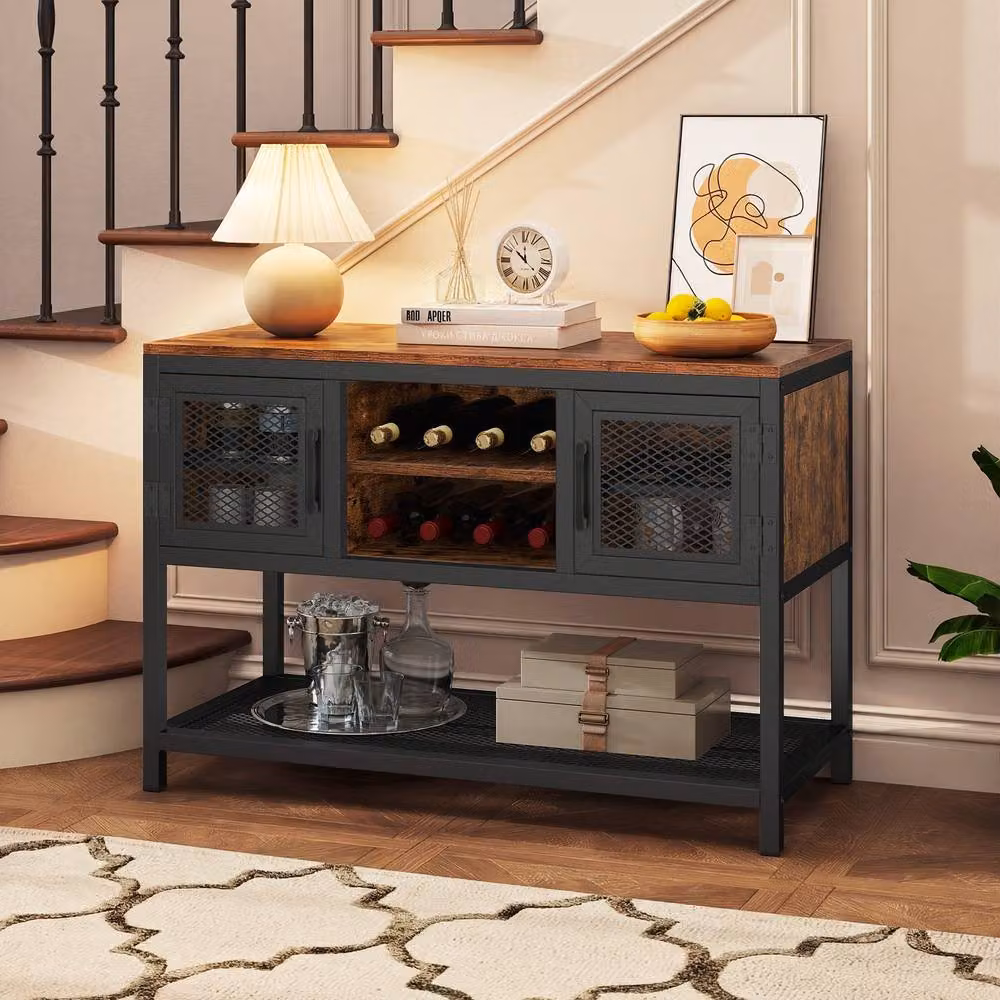 Gymax Industrial Entryway Storage Table and Sideboard with 2 Metal Mesh Doors in Brown – 3