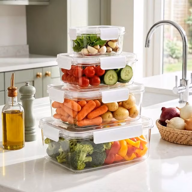 Lifeideas 4 Piece Stackable Plastic Fridge Storage Container Set with Snap Lids, Transparent