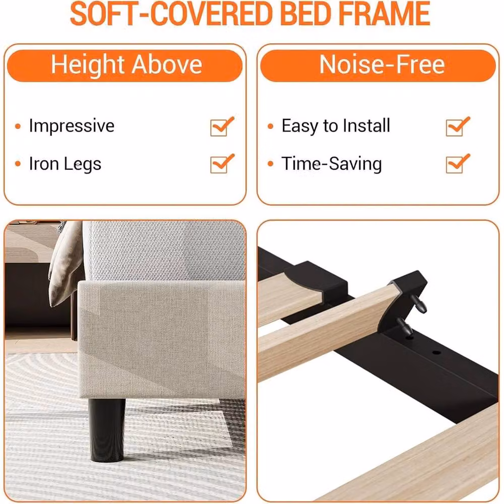 VOGREX Double Size Upholstered Bed Frame in White with Wooden Slats and Metal Frame – 2