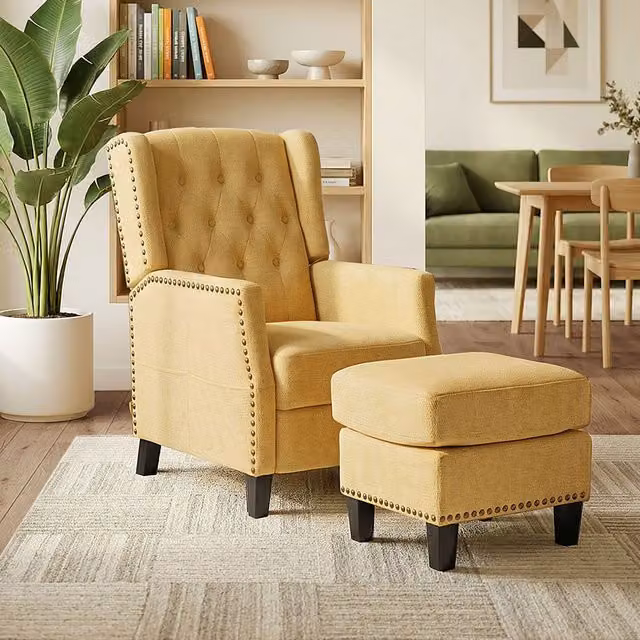 Livingandhome Yellow Fabric Upholstered Pushback Recliner Chair with Matching Ottoman