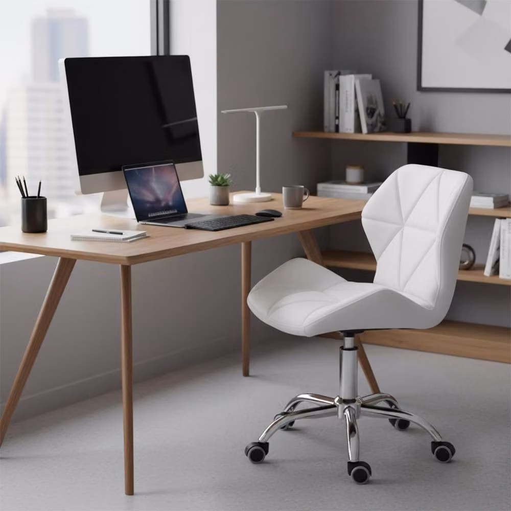 FORGEVIO White Synthetic Leather Swivel Task Chair with Castors and Chrome Metal Legs – 3