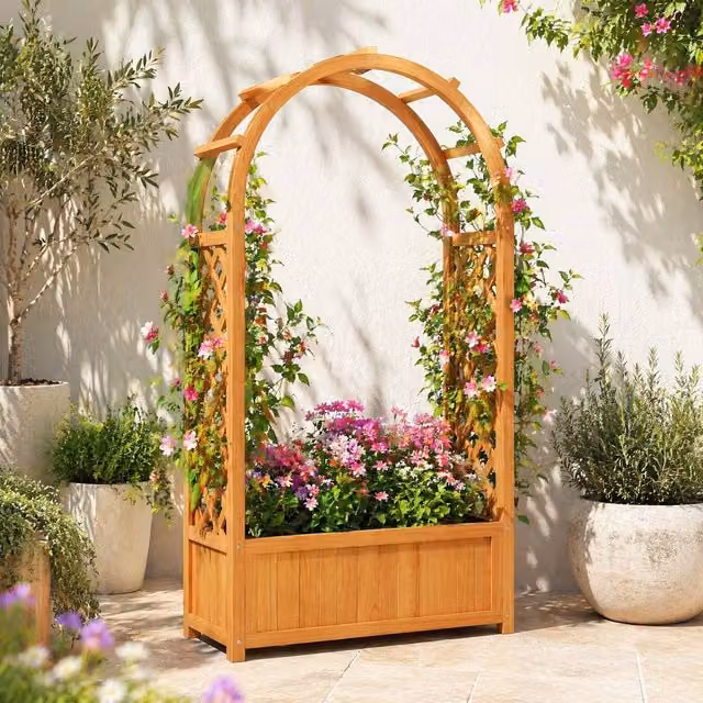 STILVORA Wooden Raised Garden Bed with Trellis, Brown, W: 83 cm, D: 36 cm, H: 145 cm
