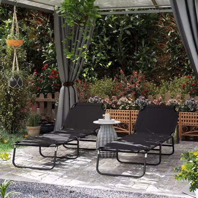 Outsunny Set of 2 Foldable Sun Loungers with Adjustable Headrest in Black