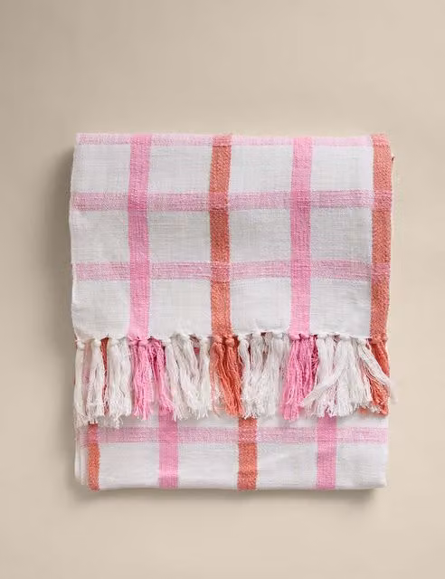 M&S Pink Mix Checked Woven Pure Cotton Throw with Fringes