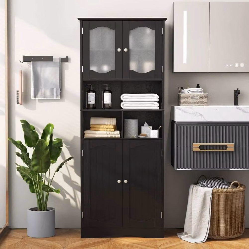 KORVIXA Modern Black Freestanding Bathroom Cabinet with Glass Doors and Internal Shelves, W: 60 cm, H: 75 cm – 3
