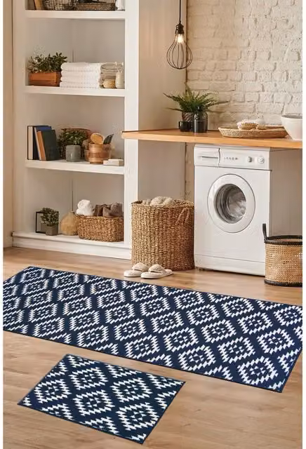 Melrose Interiors Aztec Deco Geometric Patterned Runner Rug in Black and Blue, W: 150 cm