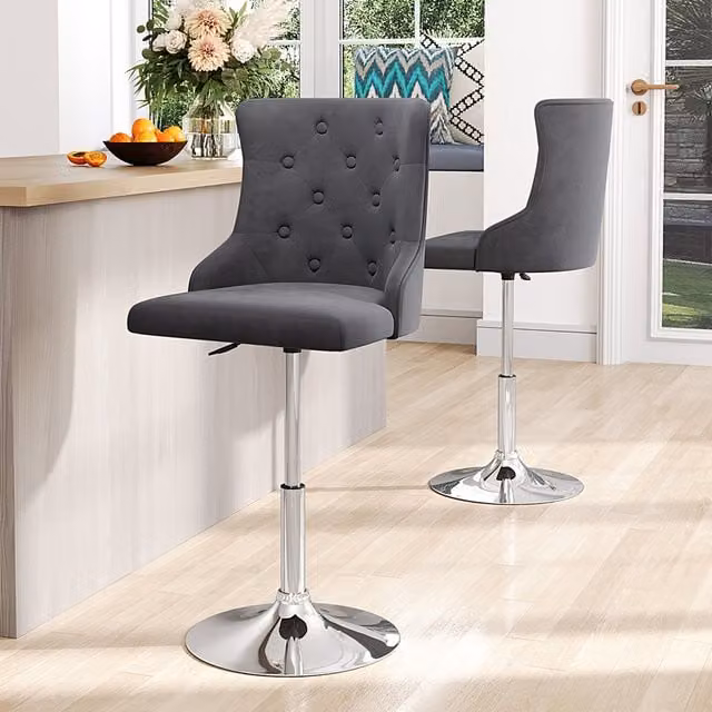 Livingandhome Grey Velvet Swivel Bar Stool with Metal Frame