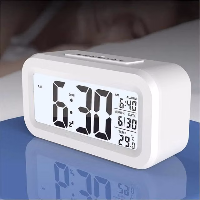 VOGREX LED Digital Alarm Clock with Snooze, Temperature and Day/Night Display in White – 1