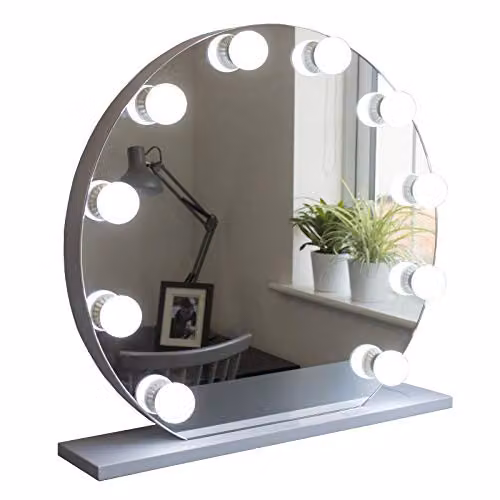 At Home Comforts Round Hollywood Makeup Mirror with 10 Dimmable LED Bulbs, White Tabletop Vanity Stand