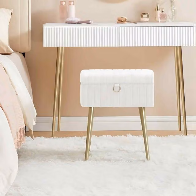 The Bazaarist Upholstered Storage Dressing Stool with Metal Legs in White and Beige