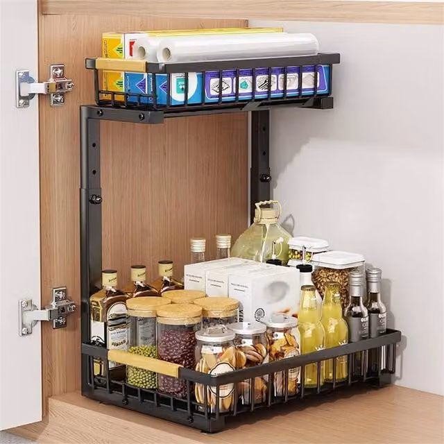 Havendro 2 Tier Pull Out Under Sink Cabinet Basket Shelves in Black Metal