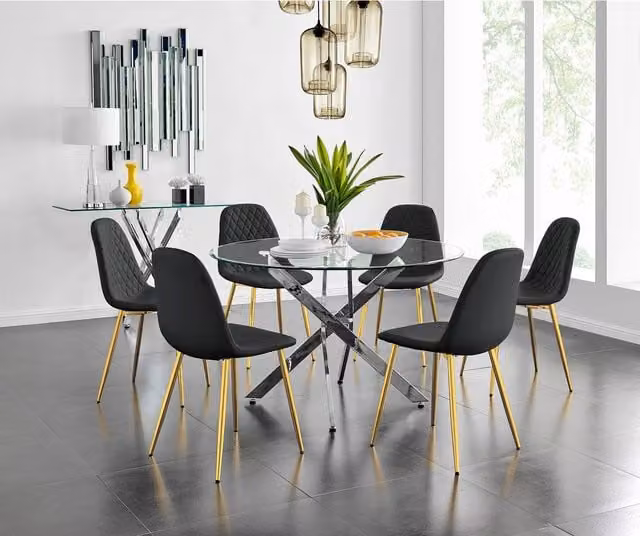 FurnitureboxUK Novara Round Glass Dining Table and 6 Corona Gold Chairs Set in Black and Gold