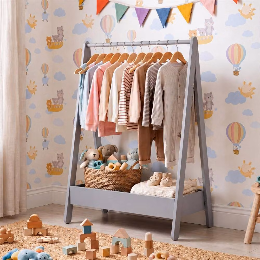Kelvenix Grey Portable Pine Clothes Rail Rack for Children's Rooms – 2